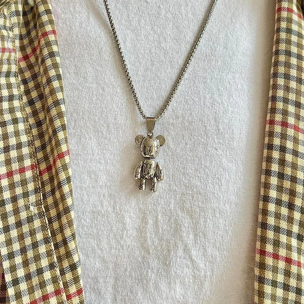y2k grunge chrome silver bear peace pendant necklace